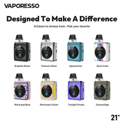 Vaporesso XROS 4 Nano vape device available in 8 colors: Graphite Black, Titanium Silver, Aquamarine, Race Track, Word-pop Blue, Word-pop Yellow, Twilight Purple, Camouflage.