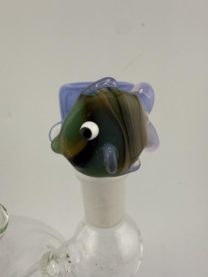Handcrafted 14mm fish bowl piece by Lamp Dancer showcasing a vibrant fish design in colorful borosilicate glass.