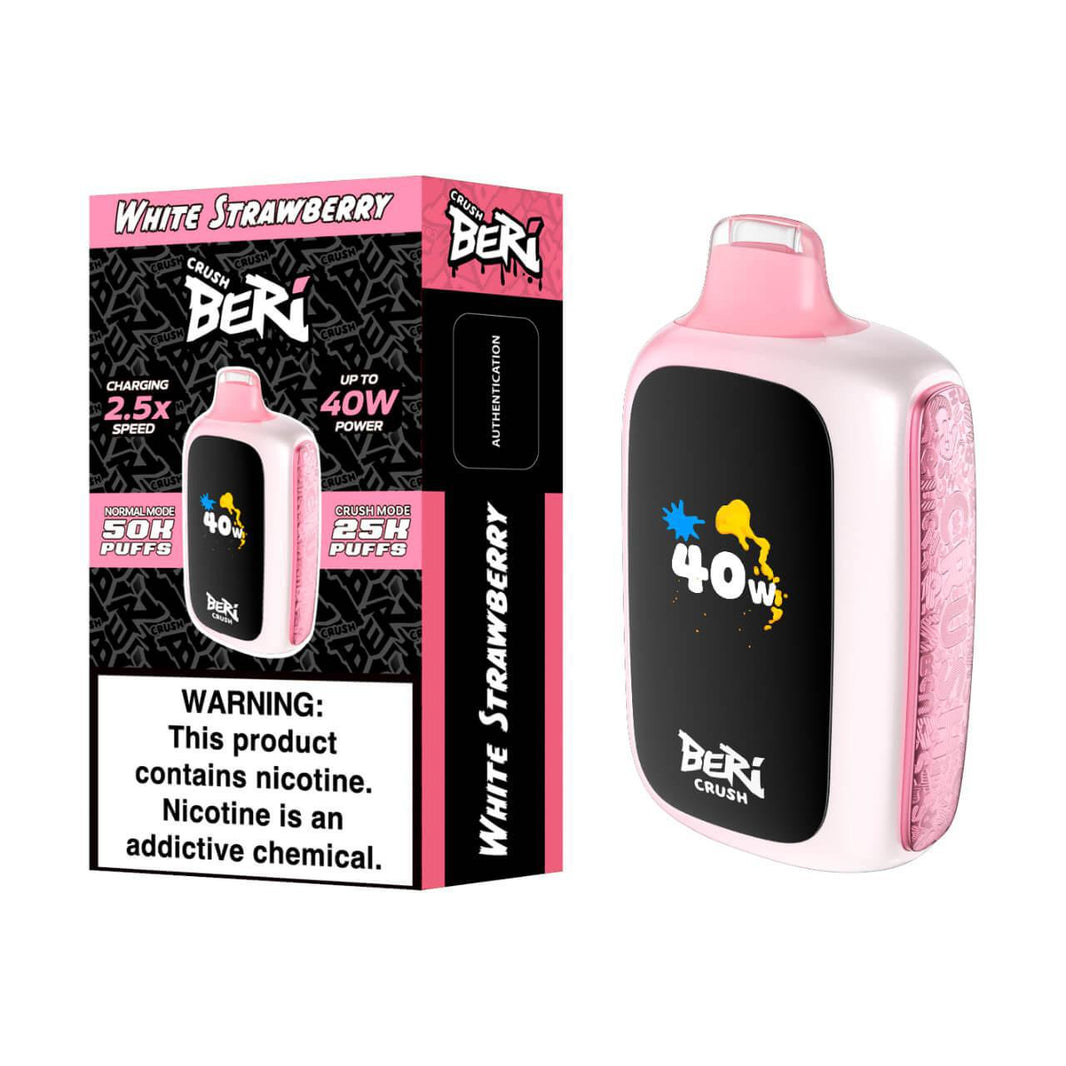 BERI CRUSH Disposable Vape in White Strawberry flavor, offering 50,000 puffs and 40W power.