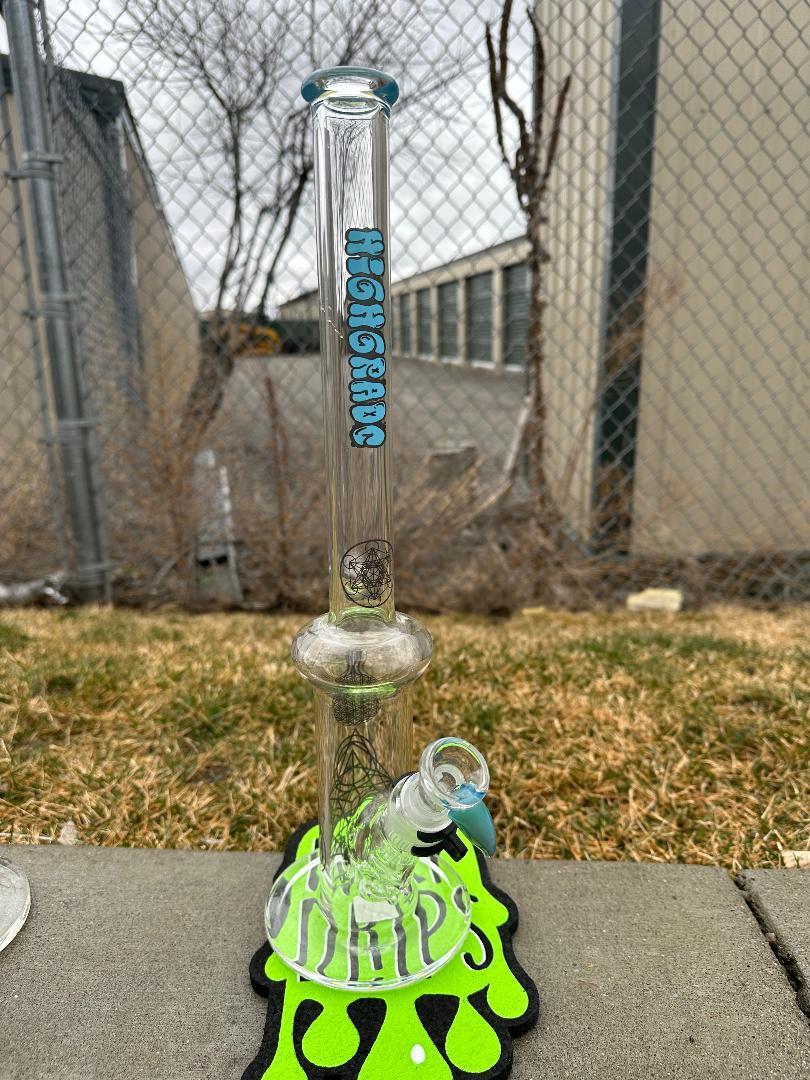 HighGrade Glass Flower Straight Tube - Sacred Geometry Bake On w/ Colored Accents 14mm 45°