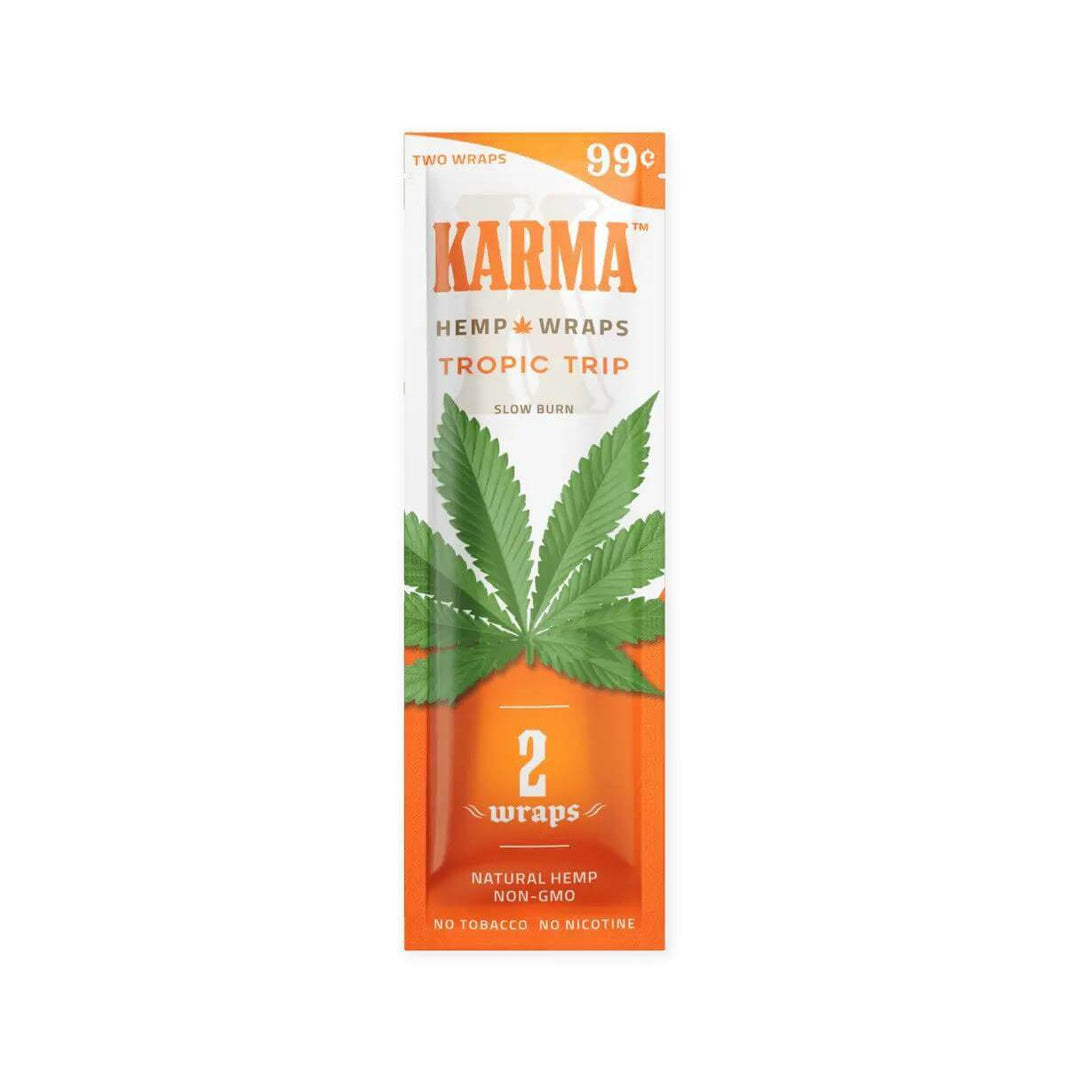 Karma Hemp Wraps in Tropic Trip flavor, featuring two wraps, natural hemp, and non-GMO certification.