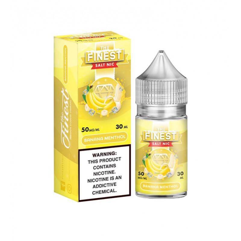 Finest Banana Menthol vape juice 30ml bottle with box, showcasing refreshing minty flavor and nicotine warning.