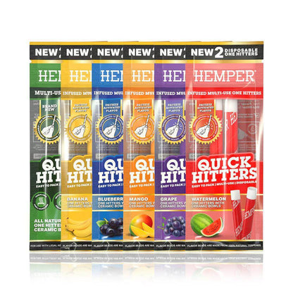 Hemper QuickHitters multi-use disposable one hitters in various flavors like blueberry, mango, and watermelon.