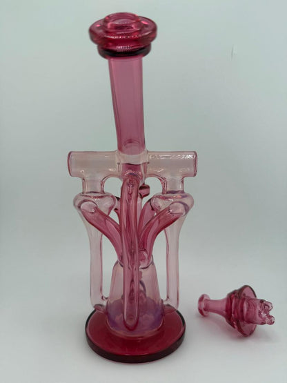 Domer Glass Double Drain Quad Uptake W/ Bubble Dumper Golden Ruby / Telemagenta 10mm Recycler