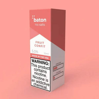 Baton Salts 10ml Fruit Confit nicotine e-liquid with warning label for vaping enthusiasts.