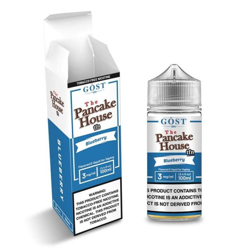 The Pancake House Blueberry e-liquid 100ml bottle and packaging, delivering a rich blueberry pancake flavor for vaping.