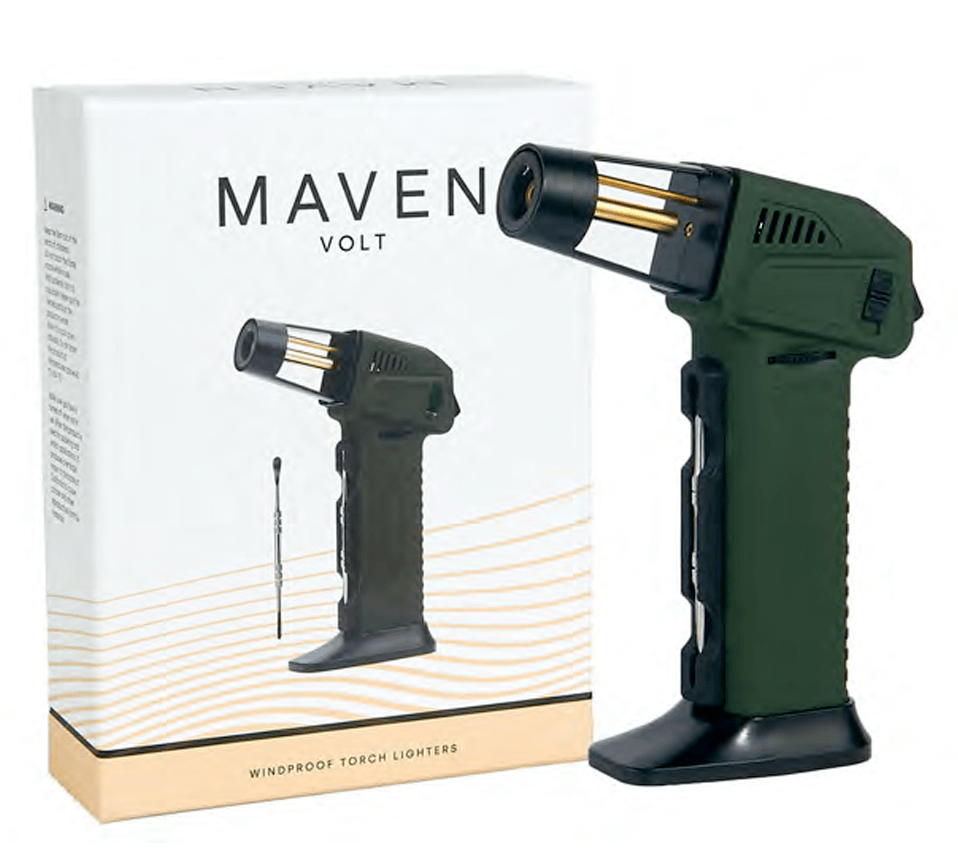 Maven Volt Butane Torch in green with packaging, featuring adjustable flame and safety features.