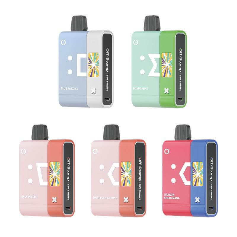 Off-Stamp SW16000 Disposable Smart Kit in various flavors: Blue Razz Ice, Miami Mint, Juicy Pineapple, Sour Gummy, Dragon Strawberry.