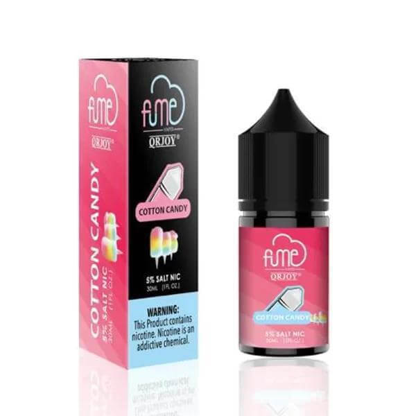 Fume Salt Nic Cotton Candy e-liquid bottle and packaging, 5% nicotine, 30ml with warning label.