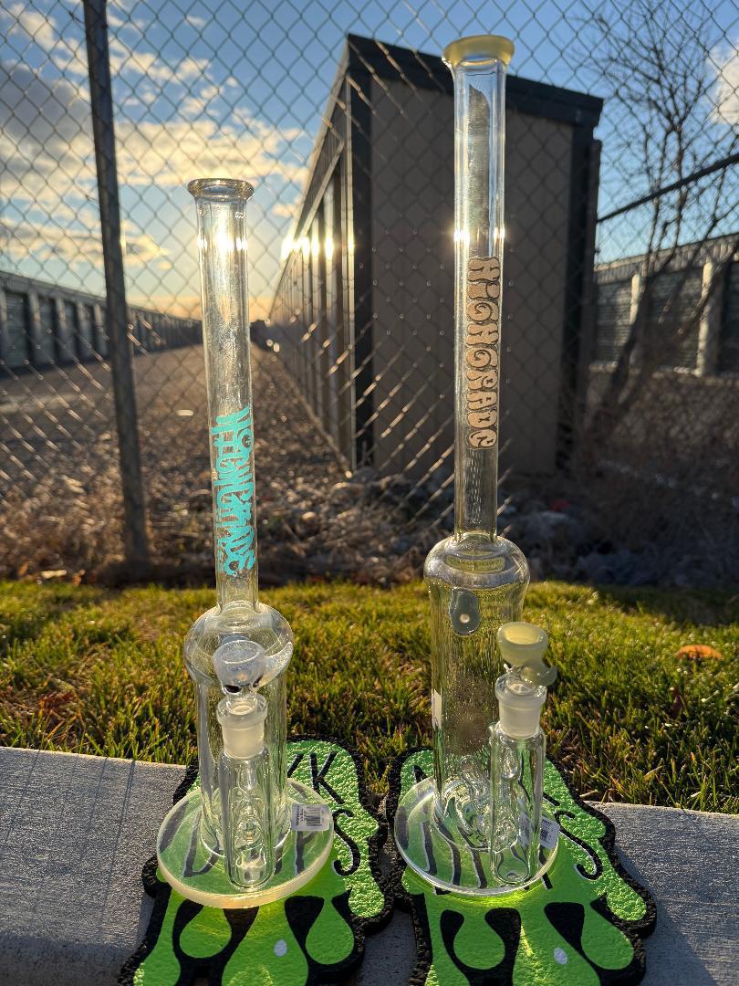 Highgrade Glass Flower Straight Tube - Color Accented Lip wraps w/ Inline Perc & Sacred Geometry Bake On 14mm 90°