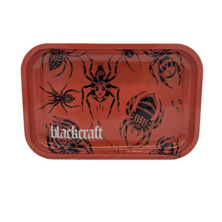 Blackcraft medium rolling tray with spider designs, durable and stylish, measuring 11.3 x 7.4 inches.