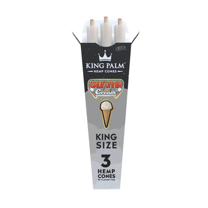 King Palm Hemp Cones 3pc King Size California Cream flavor packaging featuring three premium cones.