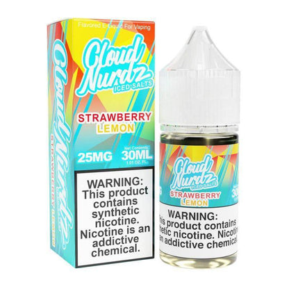 Cloud Nurdz Iced Salt Nicotine 30ml e-liquid, Strawberry Lemon flavor with 25MG nicotine, refreshing and icy vaping experience.