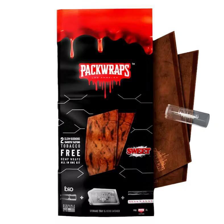 Packwraps Hemp Wraps 2pc with Glass Tip and Storage Tray, featuring Sweet flavor, tobacco-free wraps.