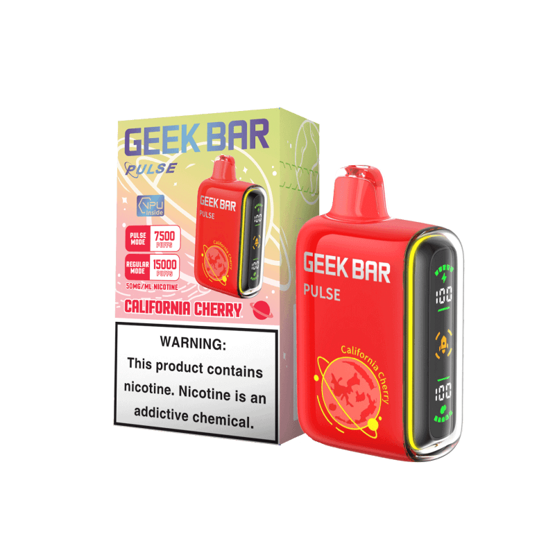 Geek Bar Pulse California Cherry disposable vape in red packaging with warning label and nicotine details.