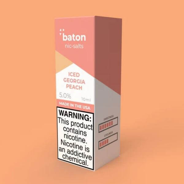 Baton Salts 10ml Iced Georgia Peach nicotine e-liquid, 5% strength, with warning label for safety.