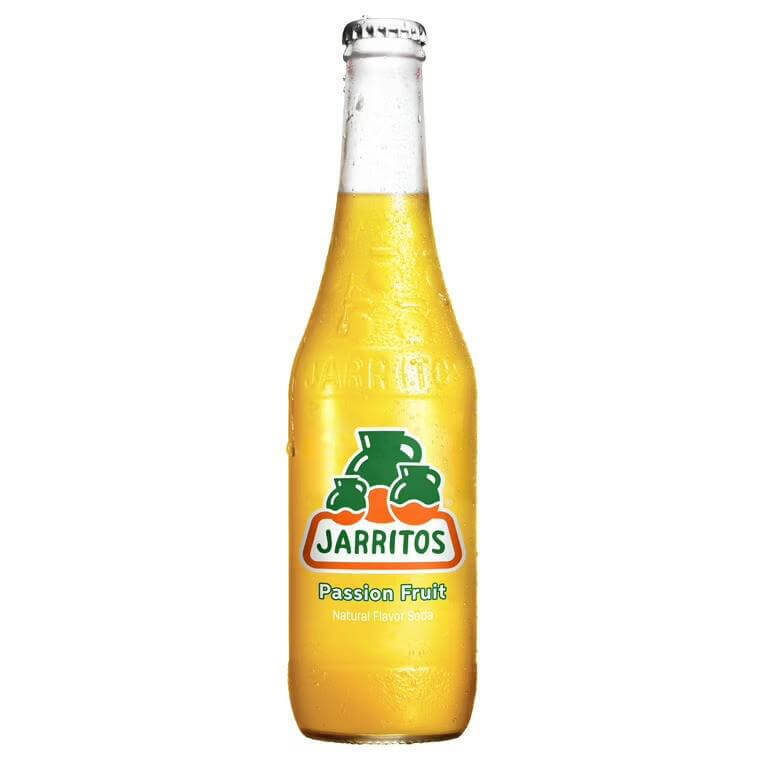 Jarritos Soda Passion Fruit 16oz bottle showcasing vibrant, refreshing Mexican flavor with real cane sugar.