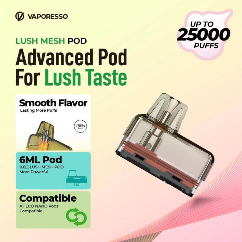 Vaporesso Lush Mesh Pod with 6mL capacity for smooth flavor and compatibility with Eco Nano devices.