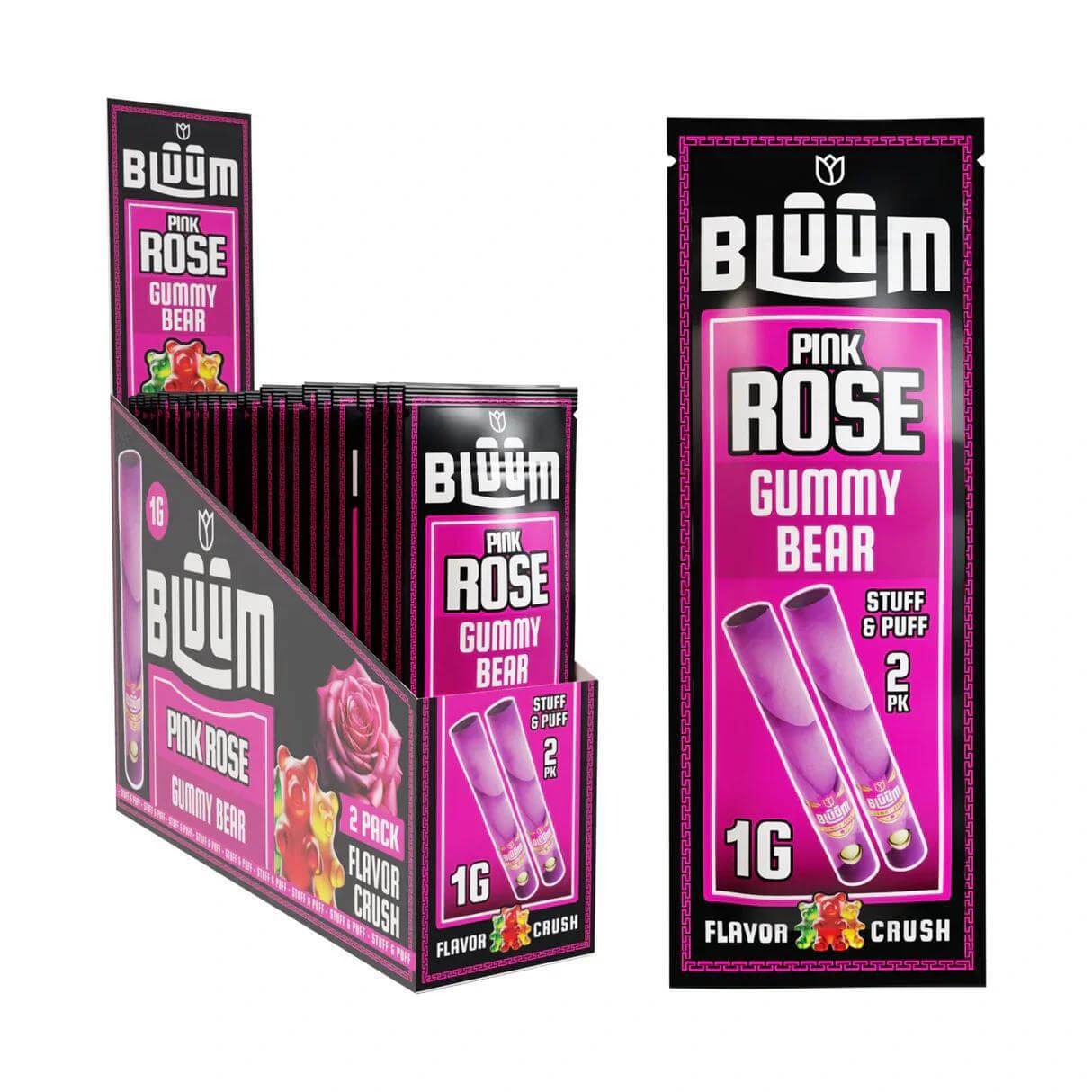 Bluum Pink Rose Gummy Bear Cones 2-pack, premium mini rolls for a rich and flavorful smoking experience.