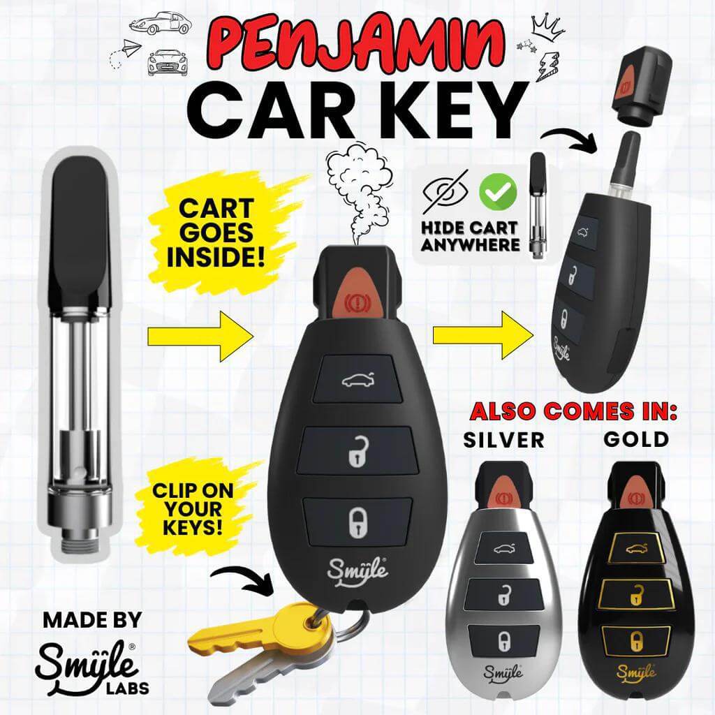 Smyle Penjamin Car Key 510 Battery design, featuring a vape pen that resembles a car key, with color options of silver and gold.