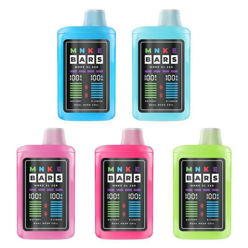 Collection of MNKE Bars XL 25K Puff Disposable Vapes in various colors, featuring 0% nicotine and dual mesh coils.