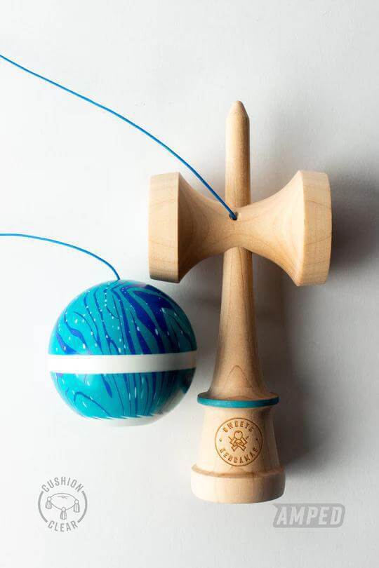 Sweets Kendama Eywa design featuring blue and white marble-style ball with maple wood base, part of a limited edition series.