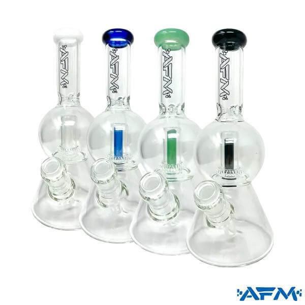 AFM Glass 10" Bubble Chamber UFO Beaker collection with colorful accents and downstems, showcasing durability and style.