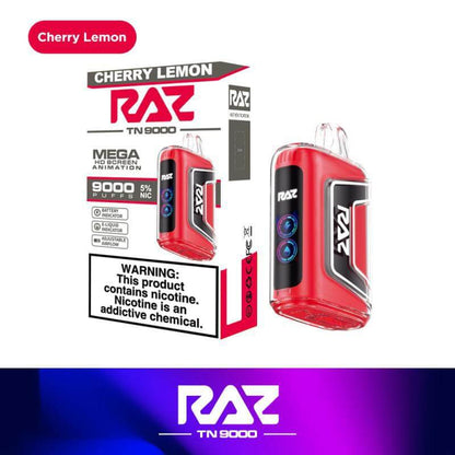 Raz TN9000 Disposable Nicotine Vape in Cherry Lemon flavor, delivering 9000 puffs with 5% nicotine strength.