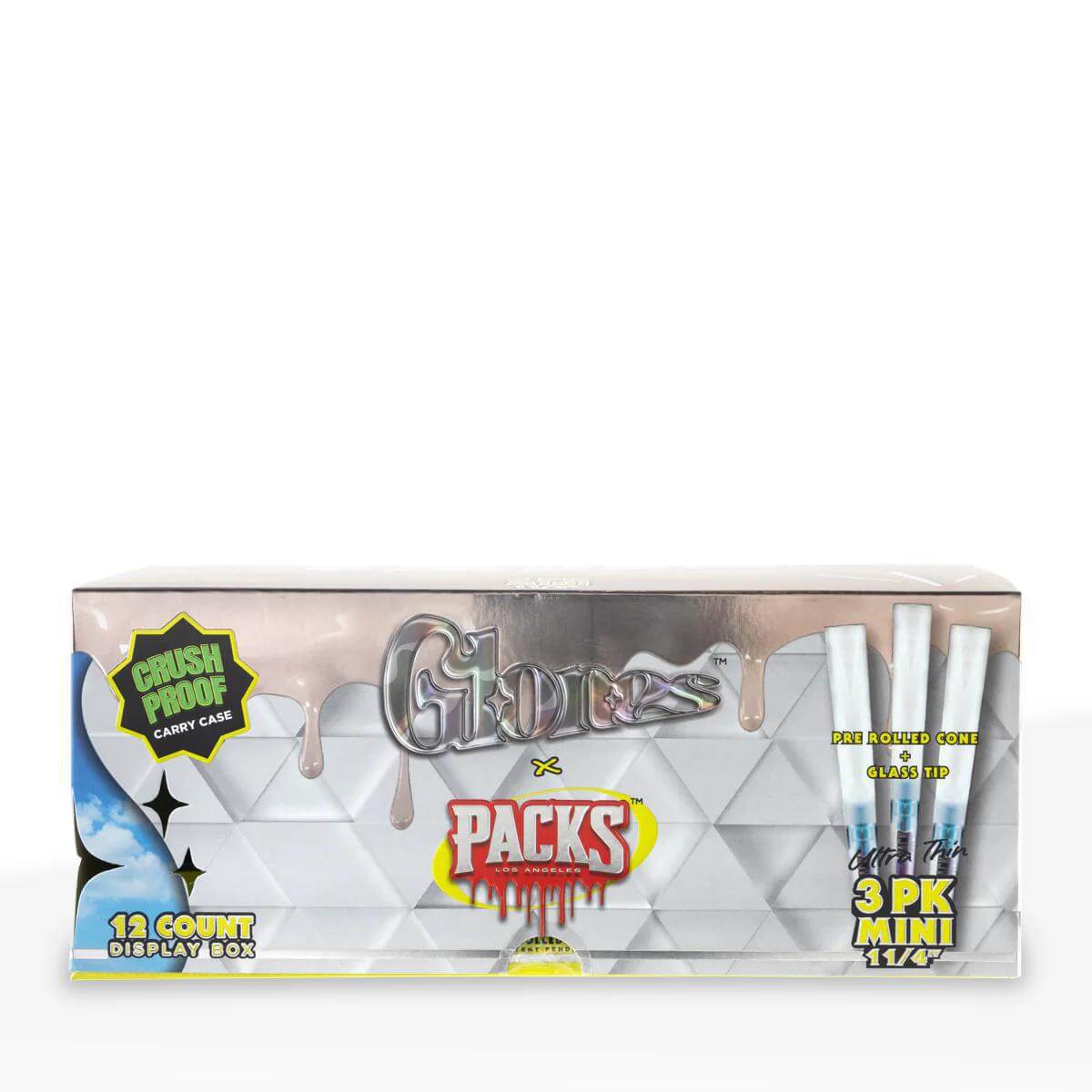 Glones x Packs Pre-Rolled Cones 1 1/4 Size with Glass Tips - 3pc display box, featuring a crush-proof design.