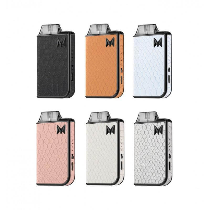 Mi-Pod 2.0 vaping devices in six color variations: black, orange, blue, pink, white, and gray.