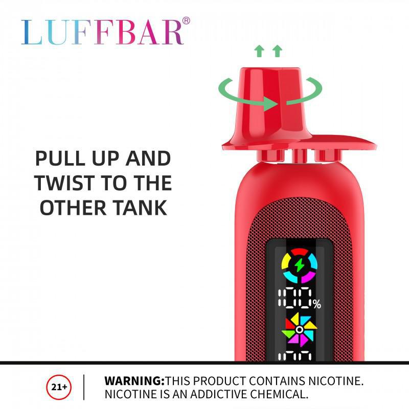 Luffbar Dually 20000 Disposable Vape with dual tank feature and user instructions.