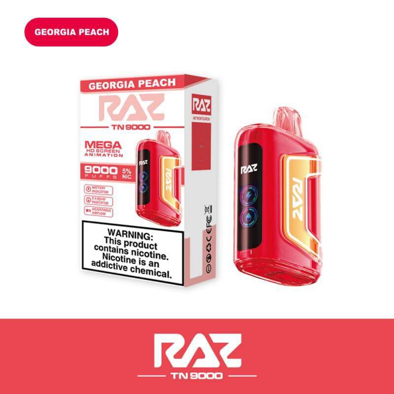 Raz TN9000 Disposable Vape in Georgia Peach flavor with 12mL e-liquid and warning label.