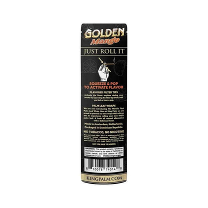 Golden Mango King Palm wraps packaging showing filters and instructions, highlighting no tobacco and no nicotine.