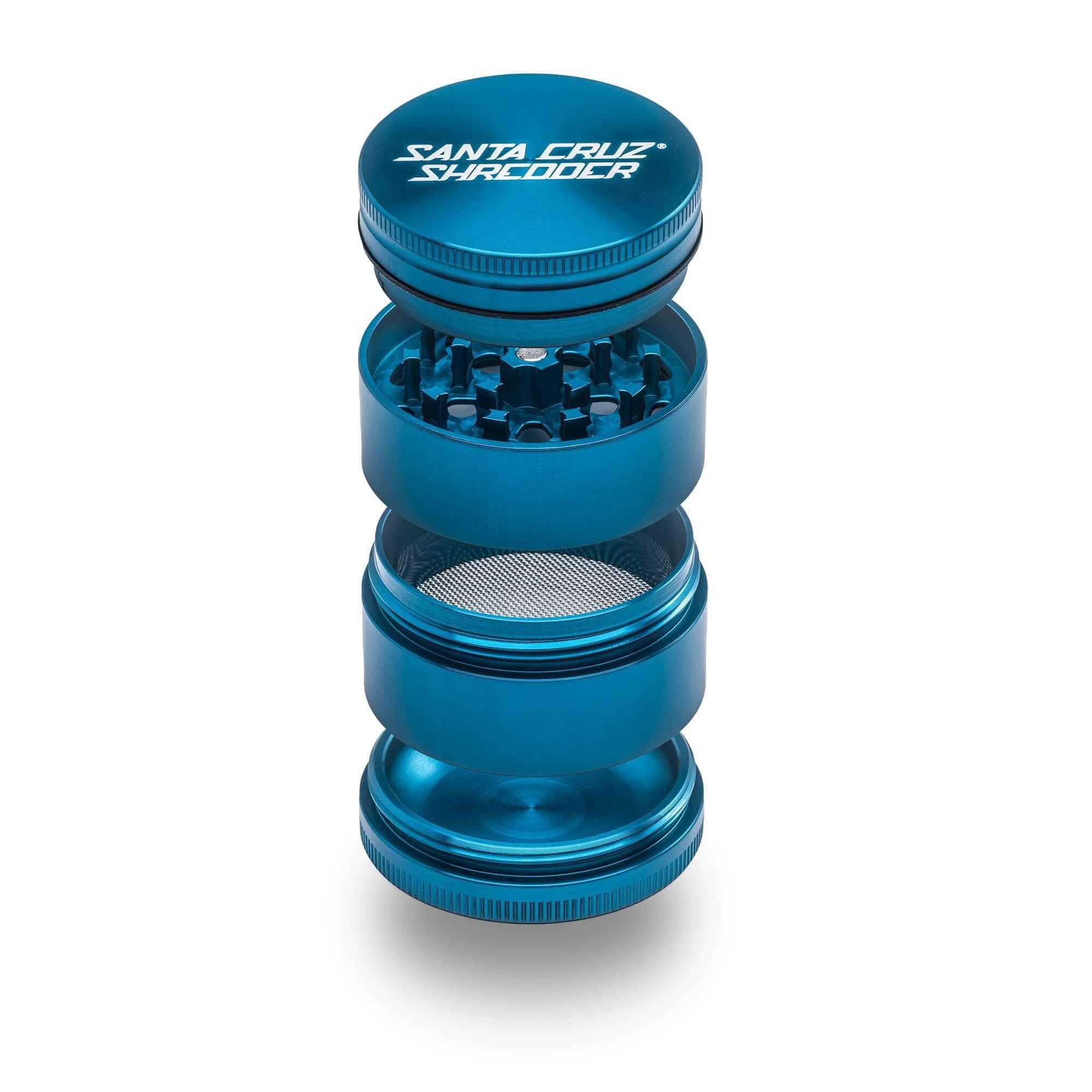 Santa Cruz Shredder 4-Piece Medium Grinder in blue, made from anodized aluminum for precision herb grinding.