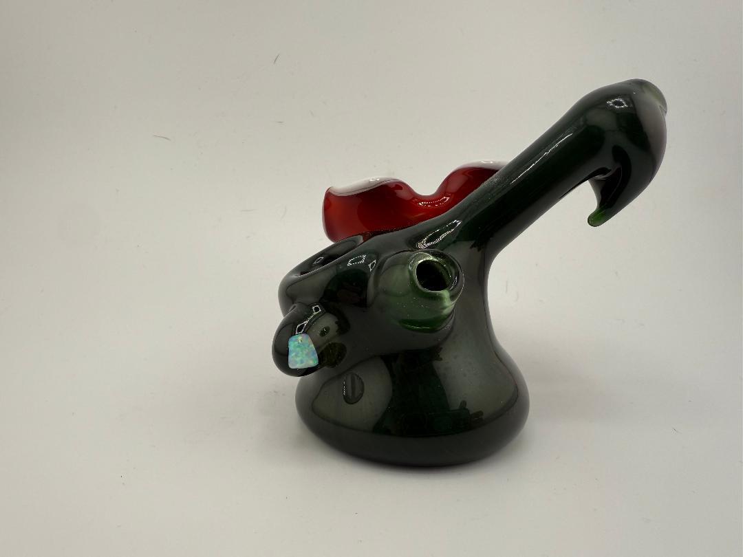 Highgrade Mike Glass Flower Squatlock Pipe in green and red with intricate design and detailing.