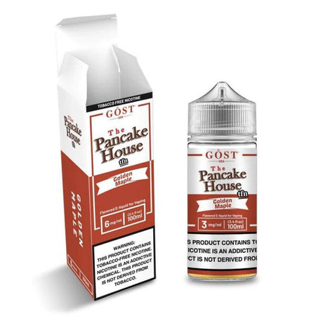 The Pancake House 100ml e-liquid packaging and bottle, featuring golden maple pancake flavor for sub-ohm tanks.