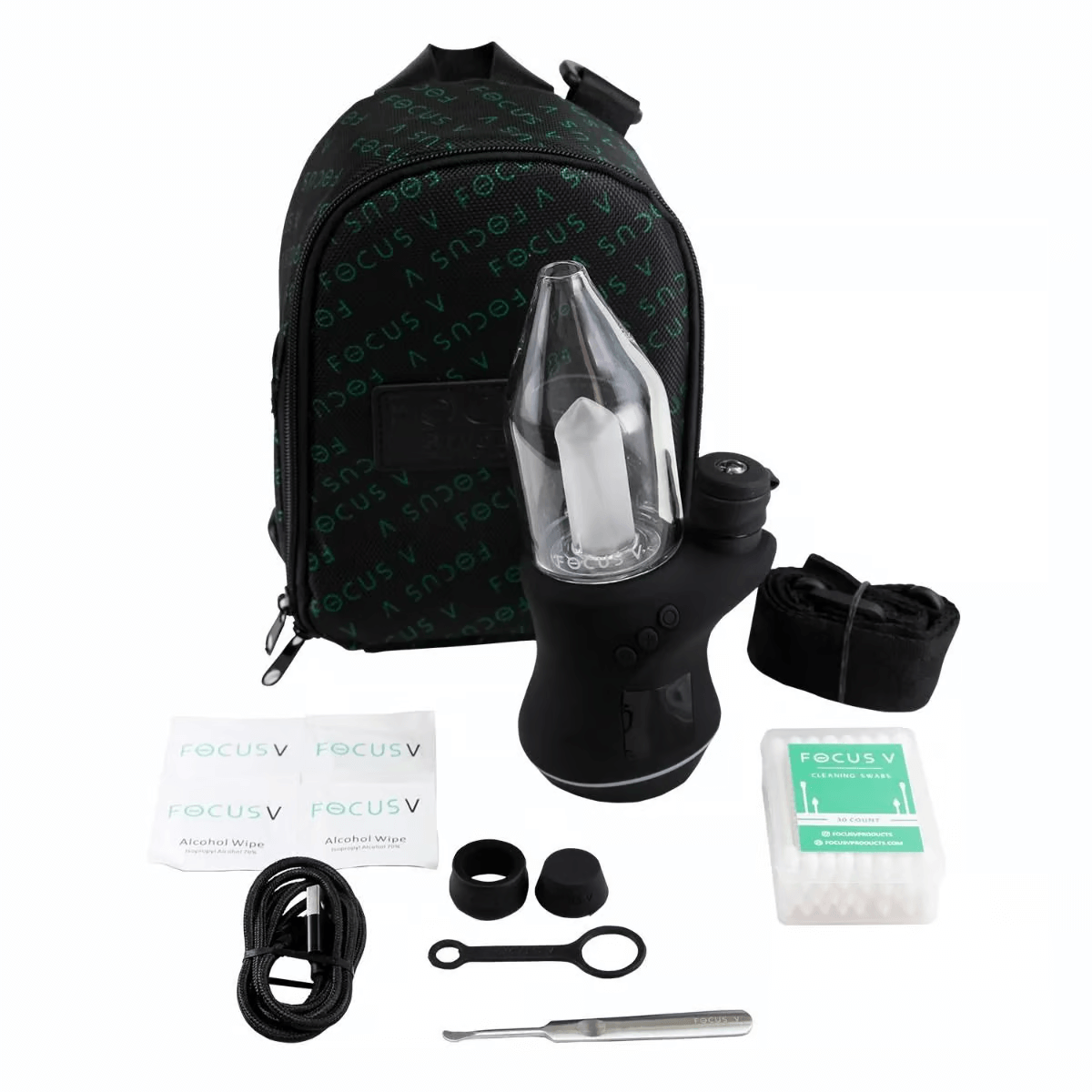 Focus V Carta 2 Smart Rig set with carrying case, accessories, and cleaning supplies for portable dabbing.