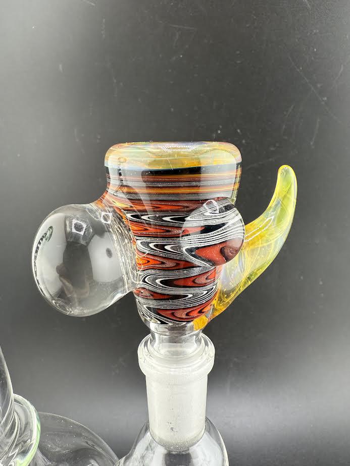 Highgrade Mike Heady Horned Bowl with vibrant colors and a unique shape, showcasing intricate flame-work design.