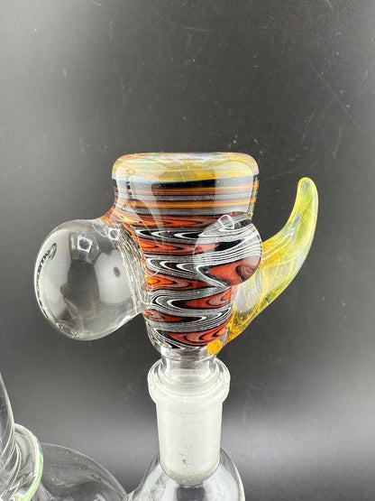 Highgrade Mike Heady Horned Bowl with vibrant colors and a unique shape, showcasing intricate flame-work design.