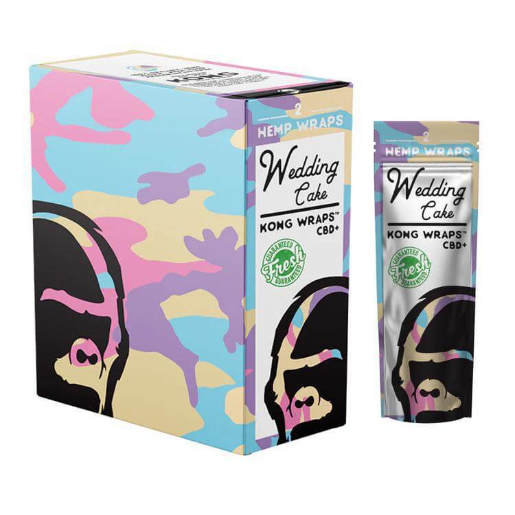 Kong Wraps Wedding Cake CBD hemp wraps packaging design, vibrant colors and branding, showcasing premium hemp wraps.