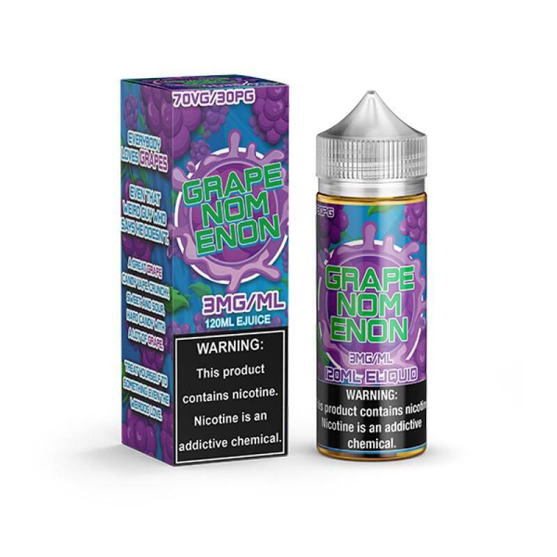 NOMS Grape Nom Enon 120ml e-liquid bottle with packaging, premium vaping juice for rich flavor and smooth clouds.