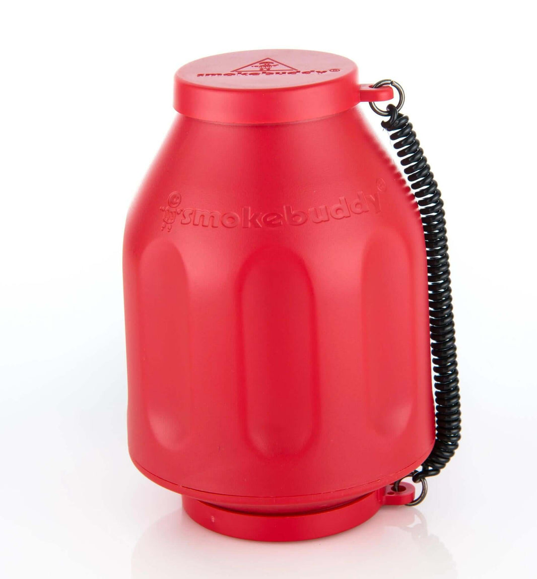 Smokebuddy Original Personal Air Filter in red, compact design for odorless smoke exhalation. Ideal for discreet smoking.