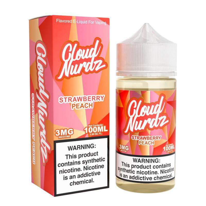 Cloud Nurdz Strawberry Peach 100ml e-liquid bottle and box for vaping with warning label and vibrant design.