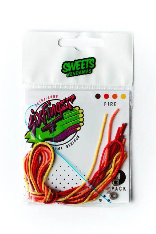 Sweets Kendama SixFinger 4pc String Pack featuring extra-long, braided nylon strings in vibrant fire colors.