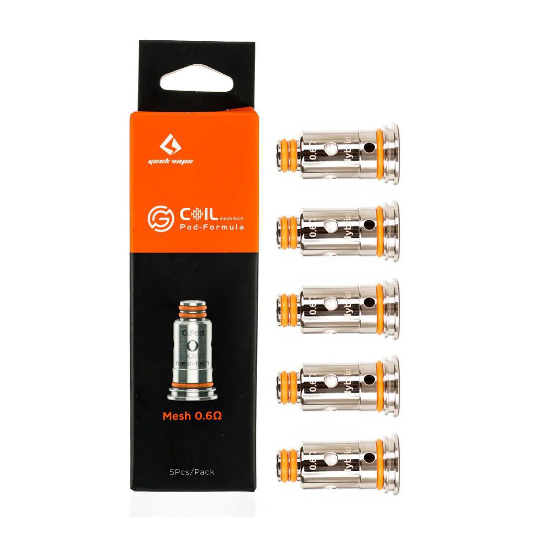 GeekVape G Series Coils pack with 5 mesh 0.6 ohm coils for optimized pod system performance and flavor enhancement.