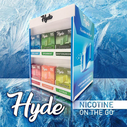 Hyde NIC Strips display showcasing various flavors like Cool Mint, Spearmint, and Cinnamon.