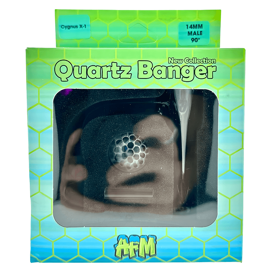 AFM Cygnus Slurper Quartz Banger Dab Set 14mm 90° in packaging, featuring honeycomb marble cap and dab tool.