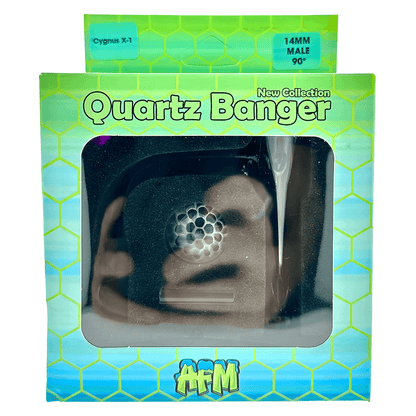 AFM Cygnus Slurper Quartz Banger Dab Set 14mm 90° in packaging, featuring honeycomb marble cap and dab tool.