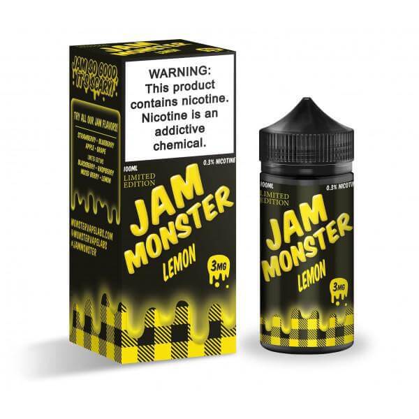 Jam Monster Lemon e-liquid 100ml bottle and packaging, limited edition, featuring warning label about nicotine.