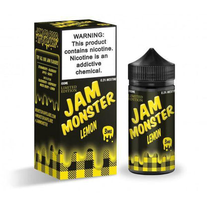 Jam Monster Lemon e-liquid 100ml bottle and packaging, limited edition, featuring warning label about nicotine.